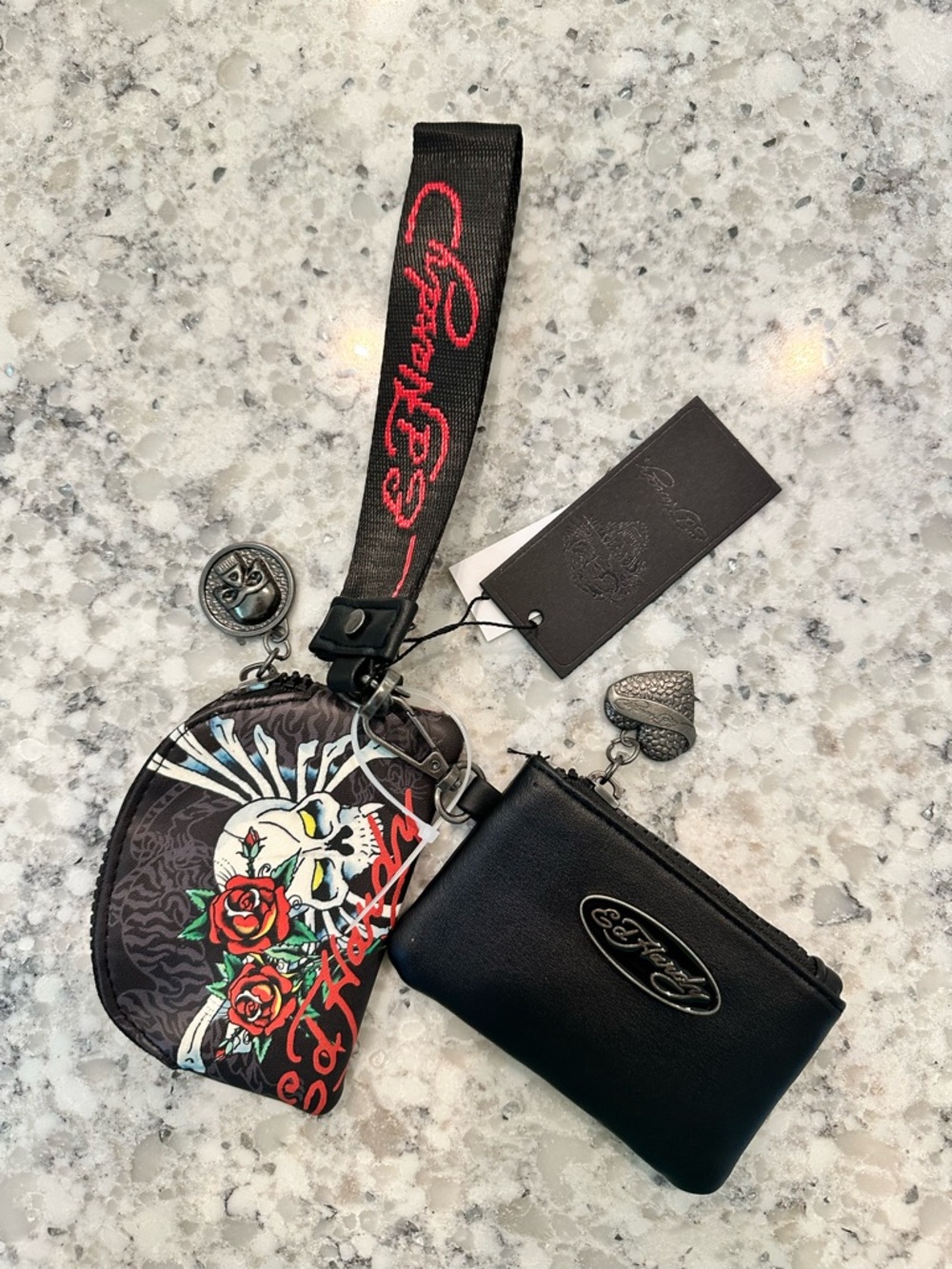 Ed Hardy 3 pc Set Wide Wristlet Strap and 2 pouches NWT